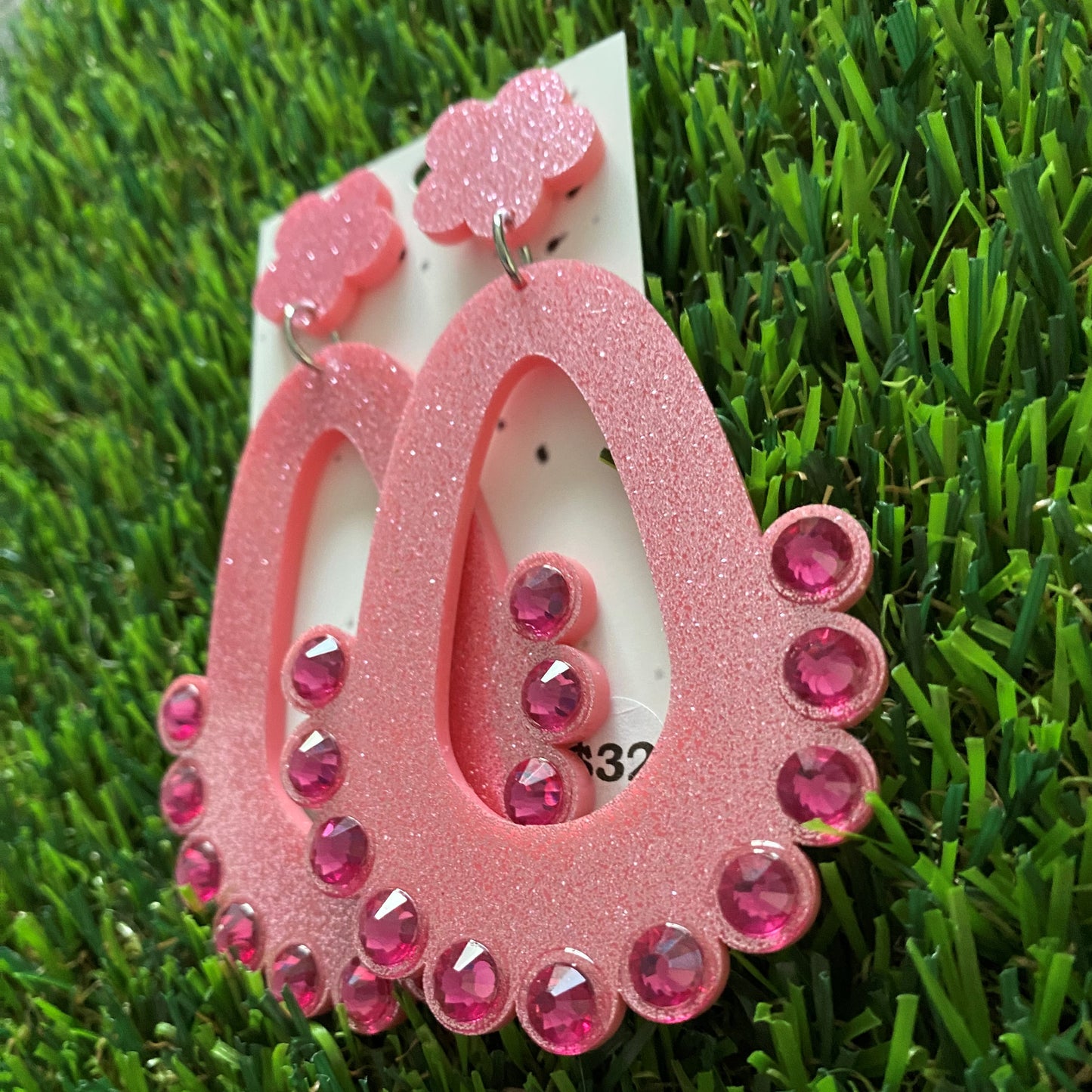Rhinestone Earrings - Perfectly Pink Glitter Bubble TearDrop Mega Dangle Earrings With Puffy Flower Tops to make them POP! Oh and don't forget the AMAZING Rhinestones!