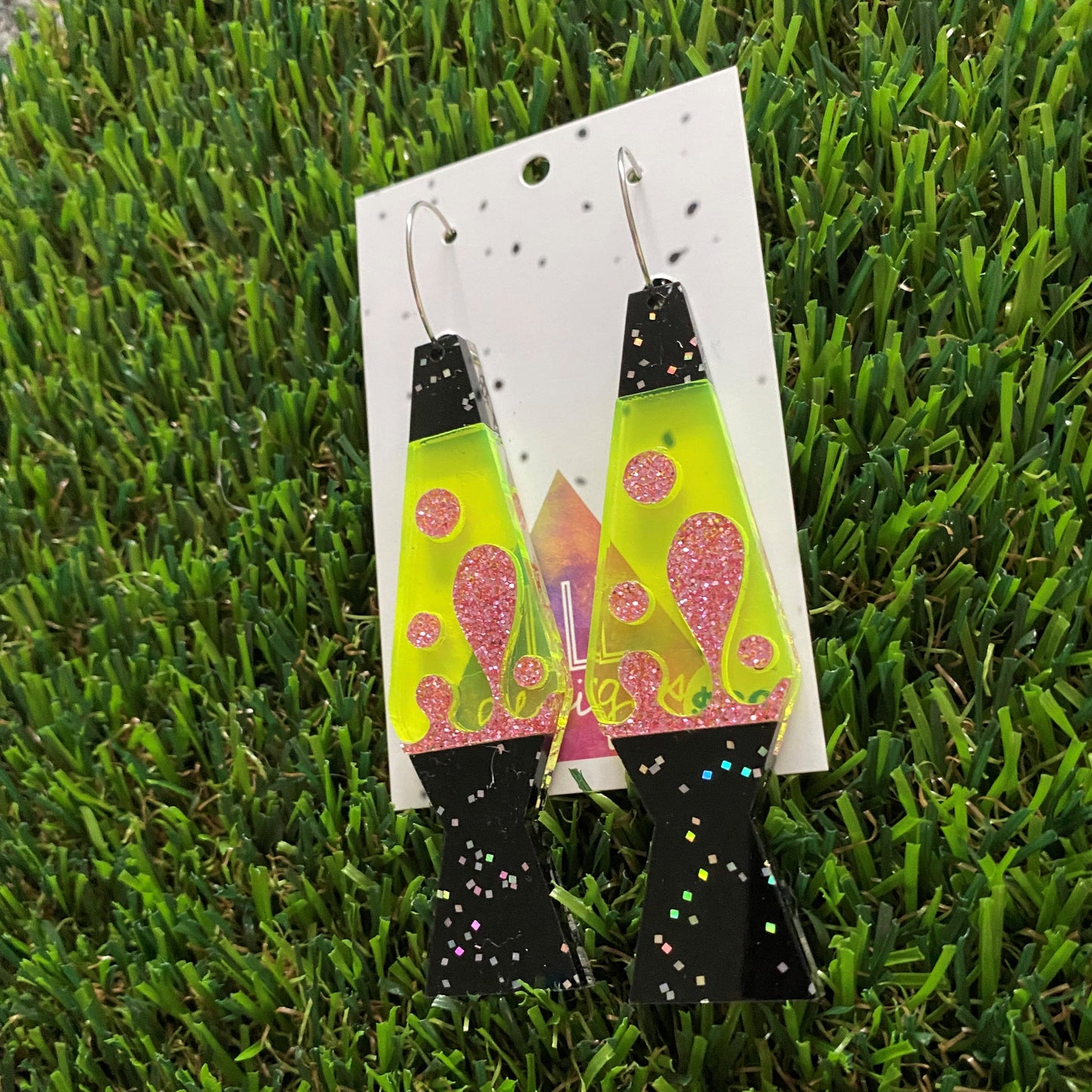Lava Lamp Earrings - Sparkled Black with Neon Yellow and Pink Glitter Lava Lamp Hoop Earrings.