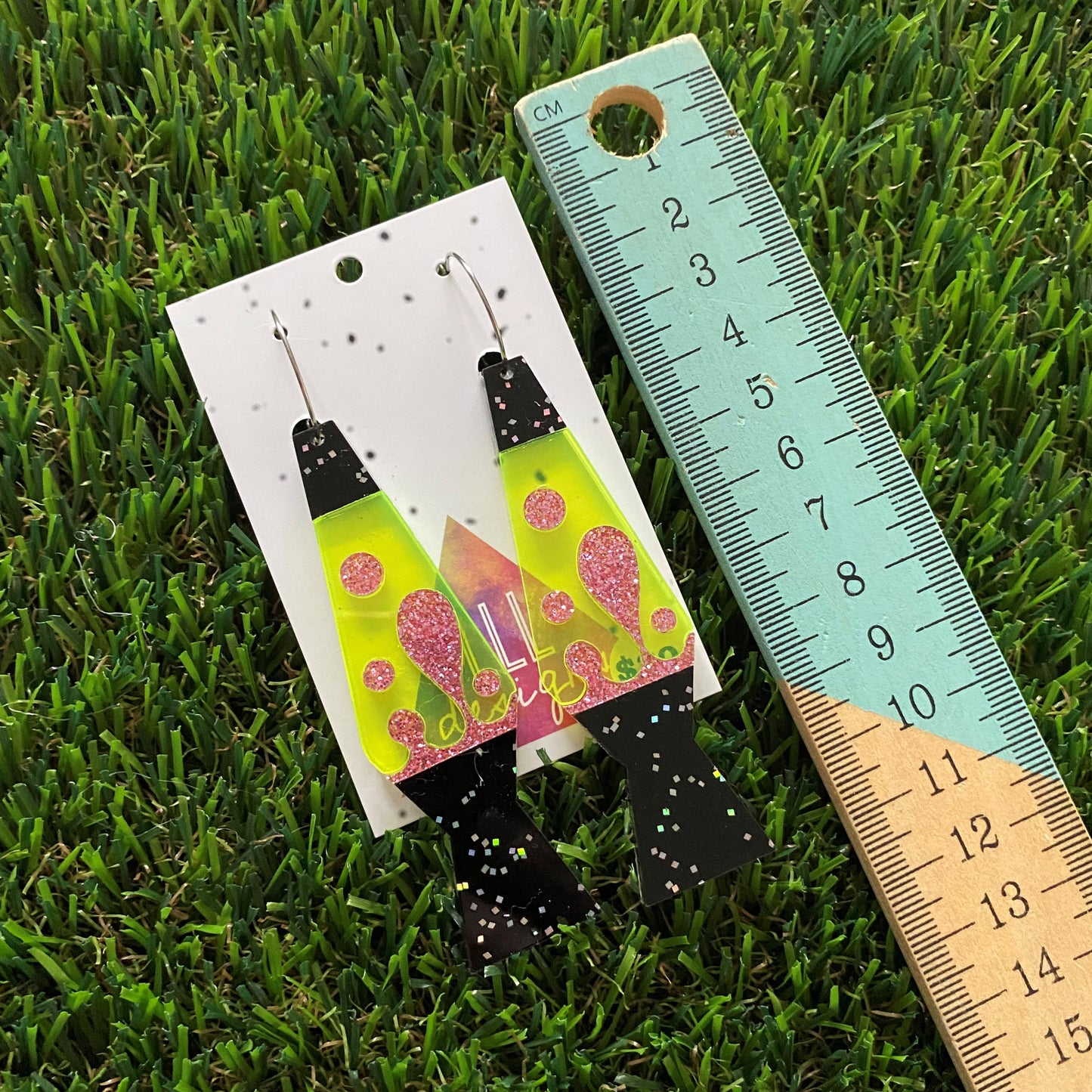Lava Lamp Earrings - Sparkled Black with Neon Yellow and Pink Glitter Lava Lamp Hoop Earrings.