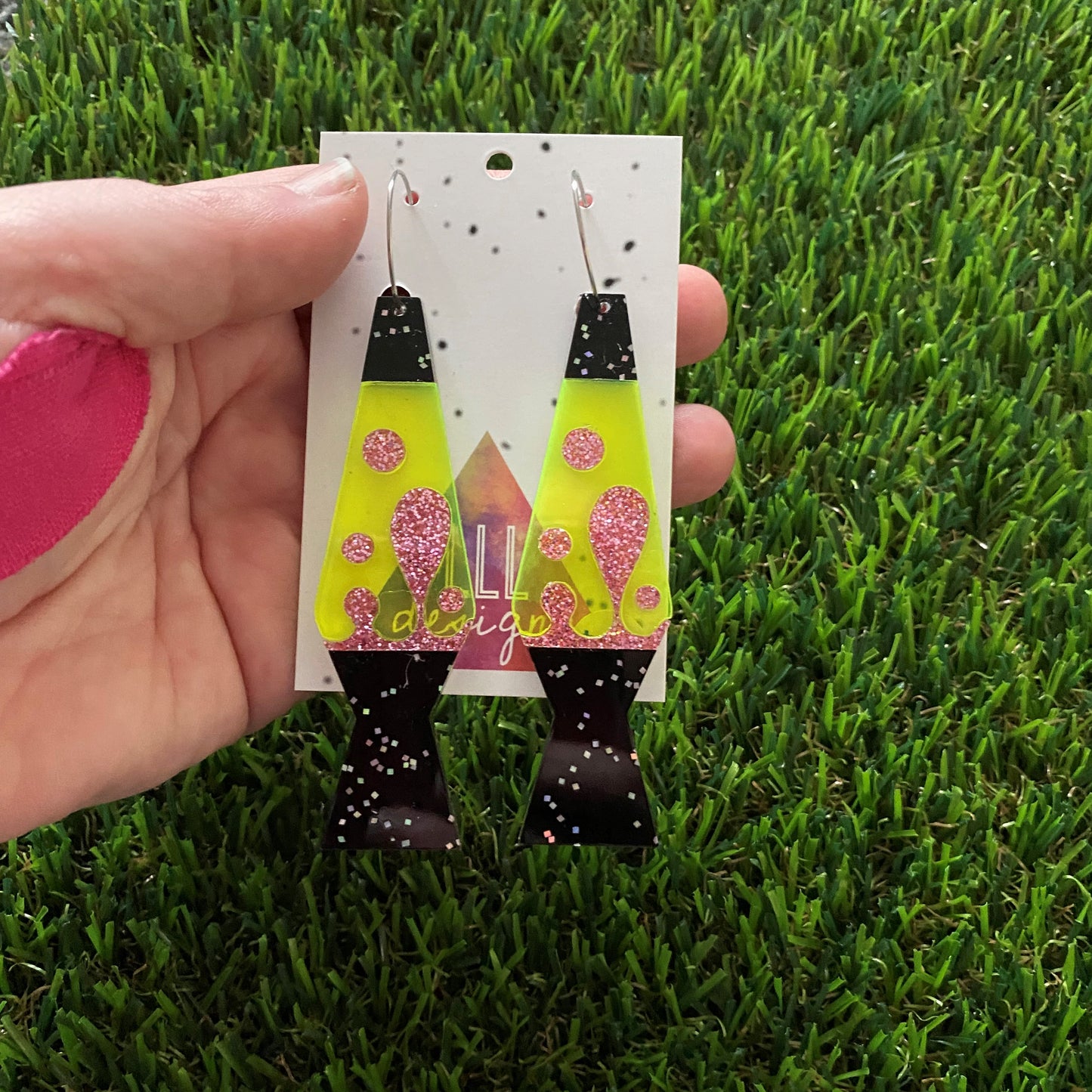 Lava Lamp Earrings - Sparkled Black with Neon Yellow and Pink Glitter Lava Lamp Hoop Earrings.