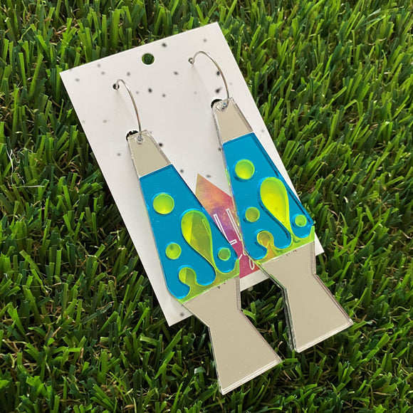 Lava Lamp Earrings - Silver Mirror with Neon Yellow and Blue Lava Lamp Hoop Earrings.
