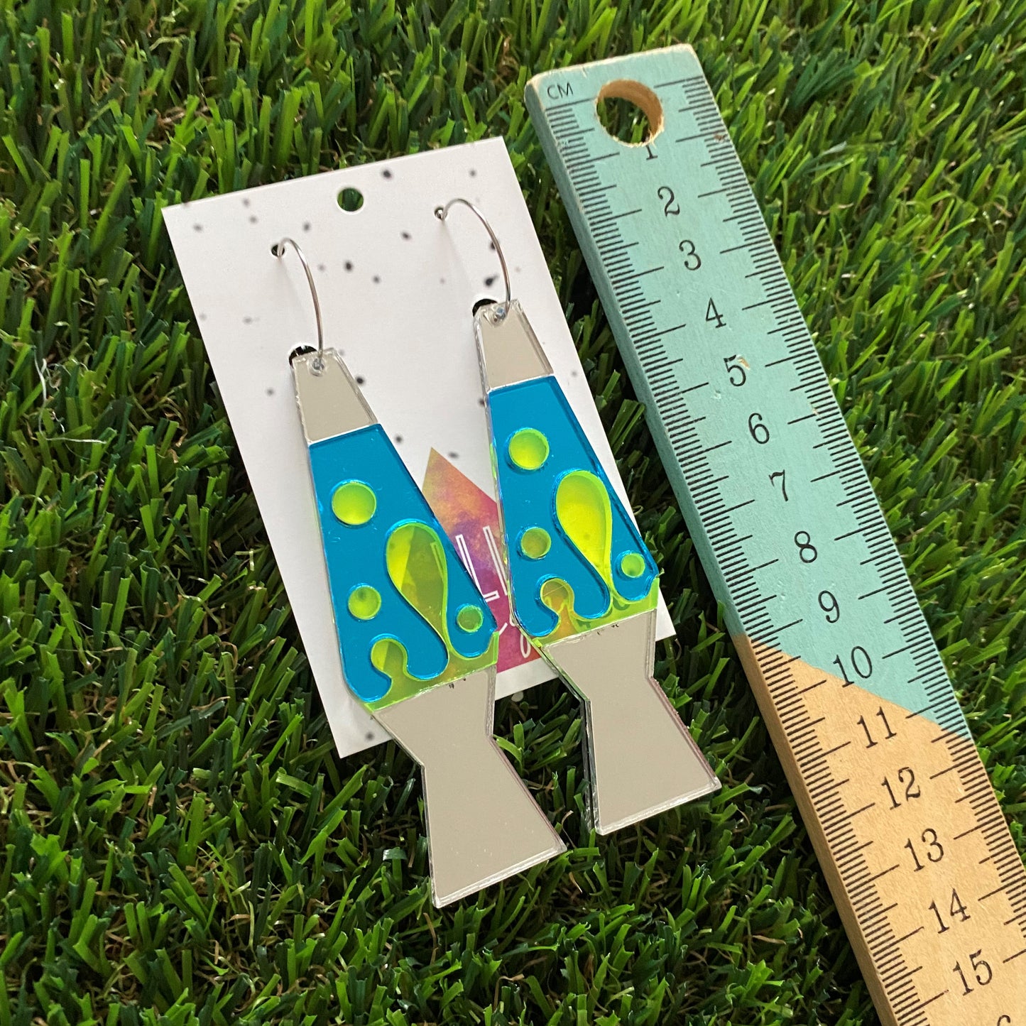 Lava Lamp Earrings - Silver Mirror with Neon Yellow and Blue Lava Lamp Hoop Earrings.