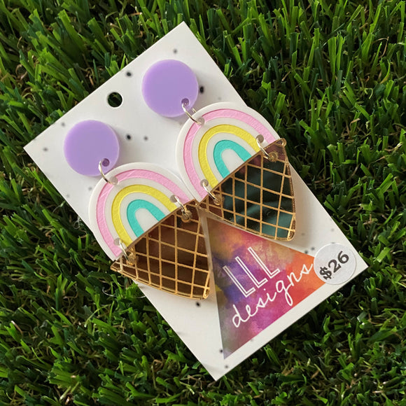 Ice-Cream Earrings - Hand Painted Ice-Cream Earrings Featuring Mirror Cones - Pastel Perfection BABY!