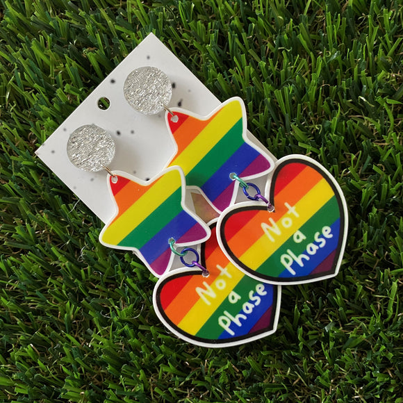 Pride Earrings - Not a Phase Mega Pride Dangels - Featuring colored jump rings and glitzy silver stud tops.