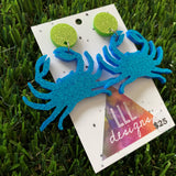 Crab Earrings - Blue Crab Earrings - Glitter Blue Swimmer Crab Earrings with Green Glitter Tops to make them POP!