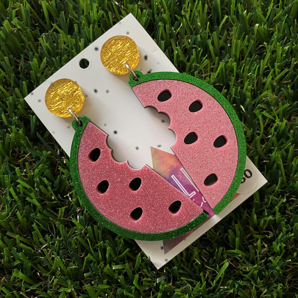 Watermelon Earrings - Mega Glitter Statement Layered Acrylic Watermelon Dangle Earrings - Watermelon Sugar High!