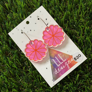 Flower Earrings - Pink Flower Earrings - Super Cute Printed Pink Flower Hoop Dangles - Super Light Weight and a DREAM to wear :)