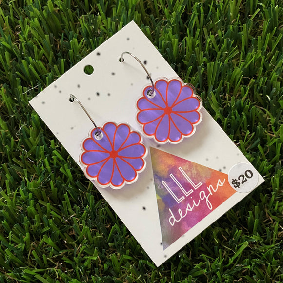 Flower Earrings - Electric Purple and Orange Flower Earrings - Super Cute Printed Purple and Orange Flower Hoop Dangles - Add a POP of Color and Fun to any Outfit :)