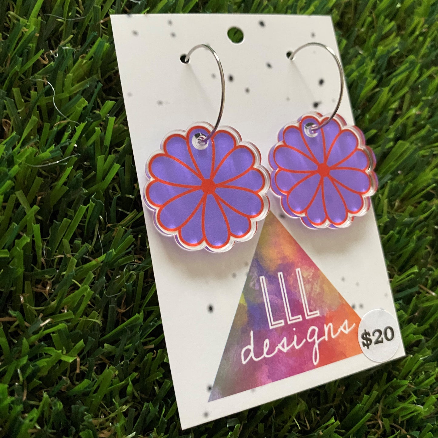 Flower Earrings - Electric Purple and Orange Flower Earrings - Super Cute Printed Purple and Orange Flower Hoop Dangles - Add a POP of Color and Fun to any Outfit :)