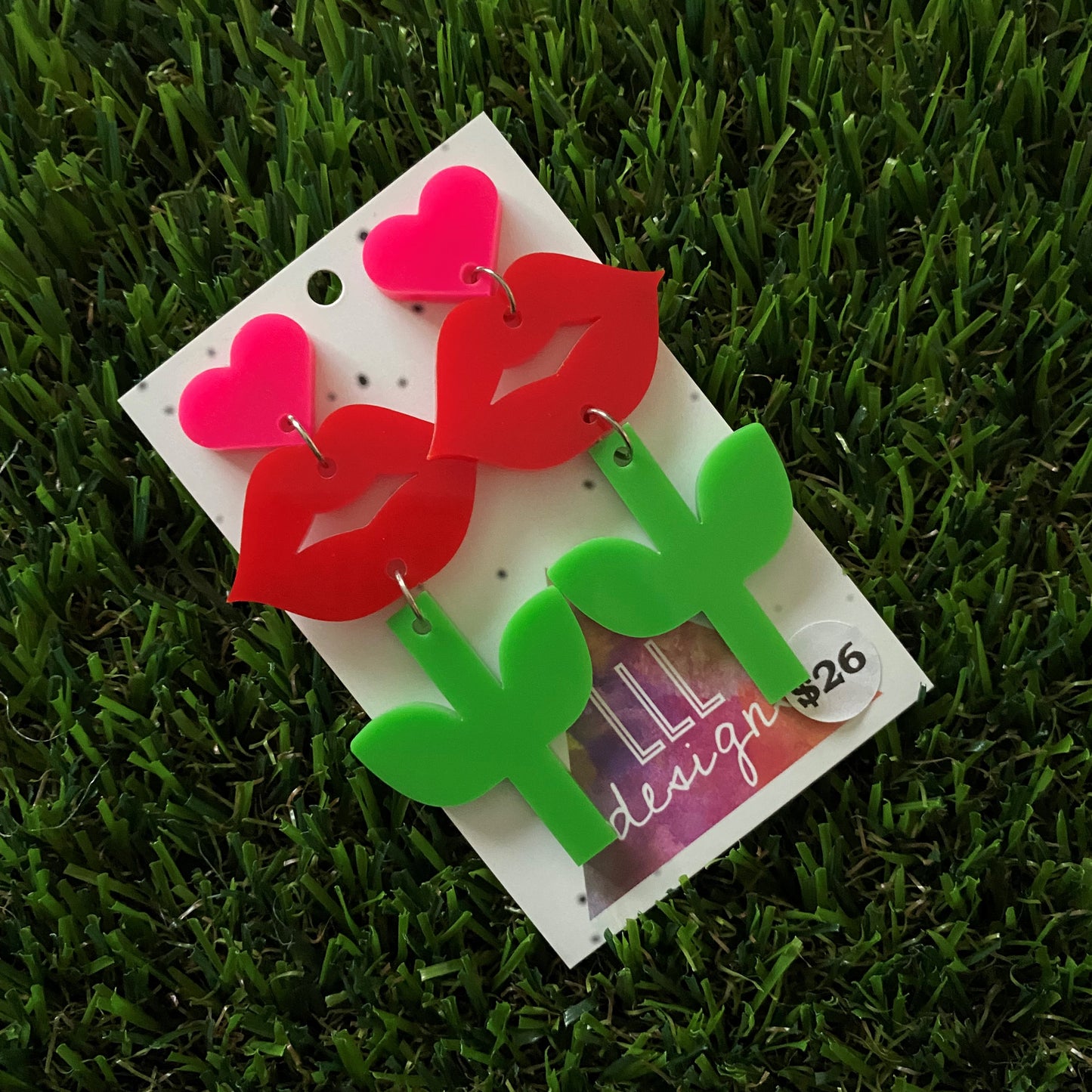 Flower Earrings - Blooming Kiss BOLD and Colorful Statement Dangle Earrings (Pink Love Heart Tops)