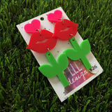 Flower Earrings - Blooming Kiss BOLD and Colorful Statement Dangle Earrings (Pink Love Heart Tops)