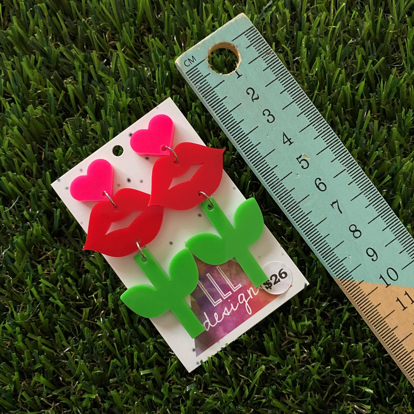 Flower Earrings - Blooming Kiss BOLD and Colorful Statement Dangle Earrings (Pink Love Heart Tops)