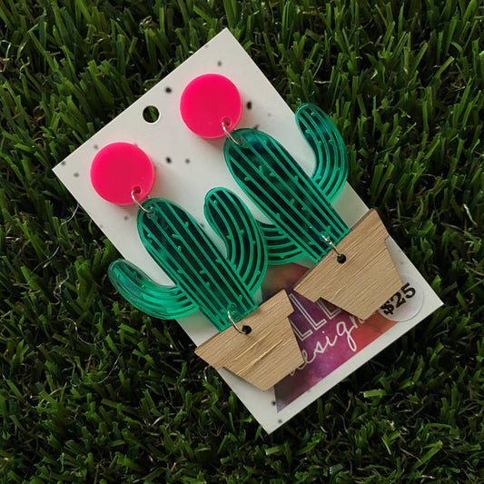 Cactus Earrings - Mirror Etched Cactus Earrings with Wooden Plant Pot and Pink Studs for a POP! - These Babys make a Statement and have Major Flow & Wiggle!