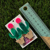 Cactus Earrings - Mirror Etched Cactus Earrings with Wooden Plant Pot and Pink Studs for a POP! - These Babys make a Statement and have Major Flow & Wiggle!