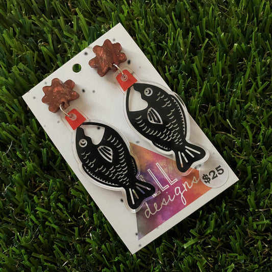 Soy Fish Earrings - Sushi Soy Sauce Fish Laser Etched Drop Earrings - Galaxy Glitter Soy Sauce Splash Stud - Do You like it Saucy ;) (Soy Fish 2.0)
