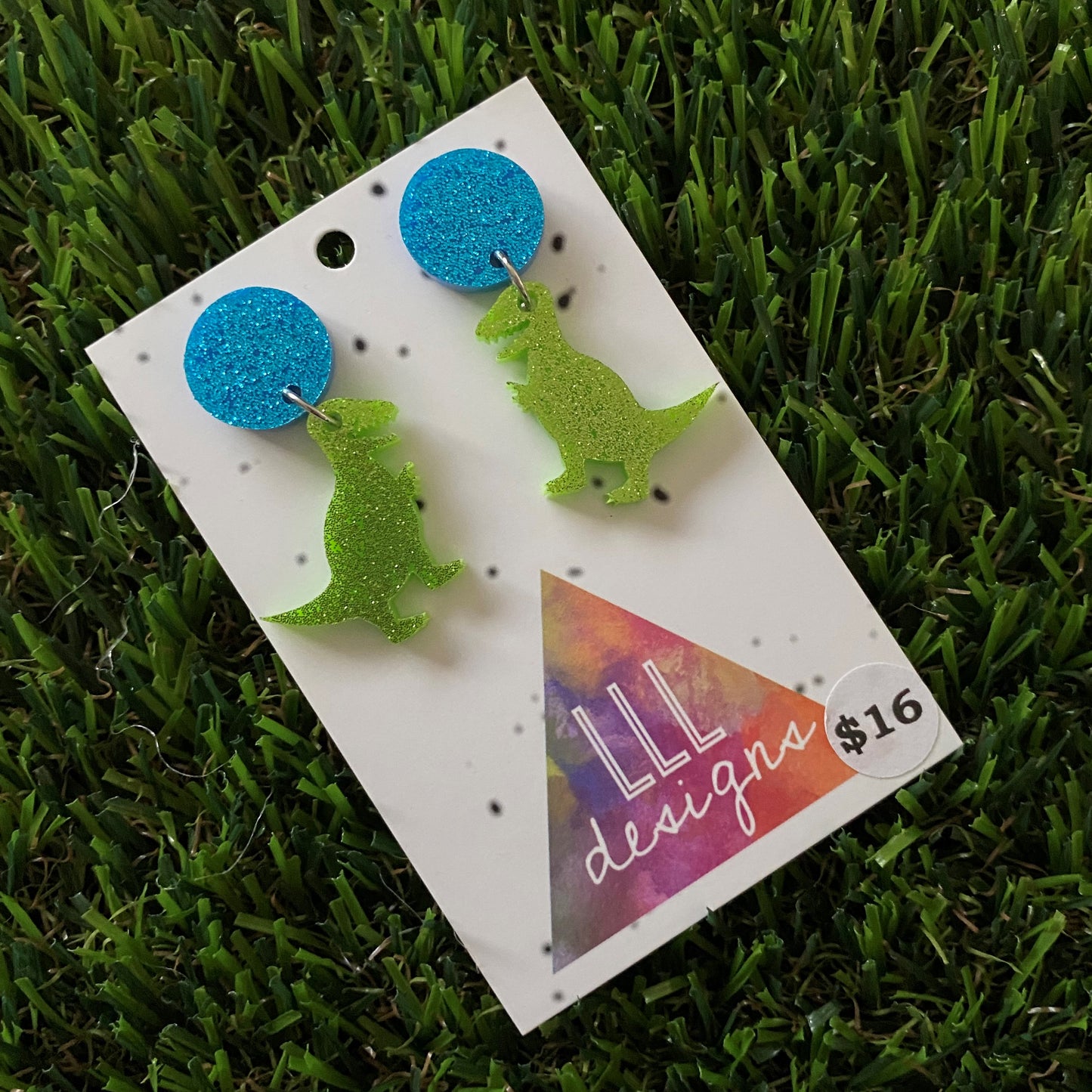 Dinosaur Earrings - Mini Glitter Green T-Rex Dangles with Blue Glitter Stud Tops - these are RAWR-SOME!