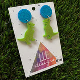 Dinosaur Earrings - Mini Glitter Green T-Rex Dangles with Blue Glitter Stud Tops - these are RAWR-SOME!
