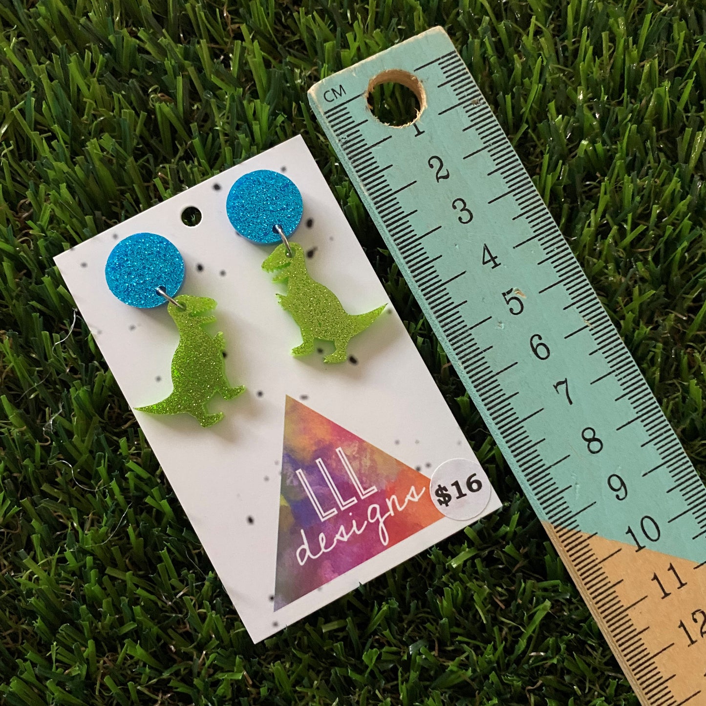 Dinosaur Earrings - Mini Glitter Green T-Rex Dangles with Blue Glitter Stud Tops - these are RAWR-SOME!