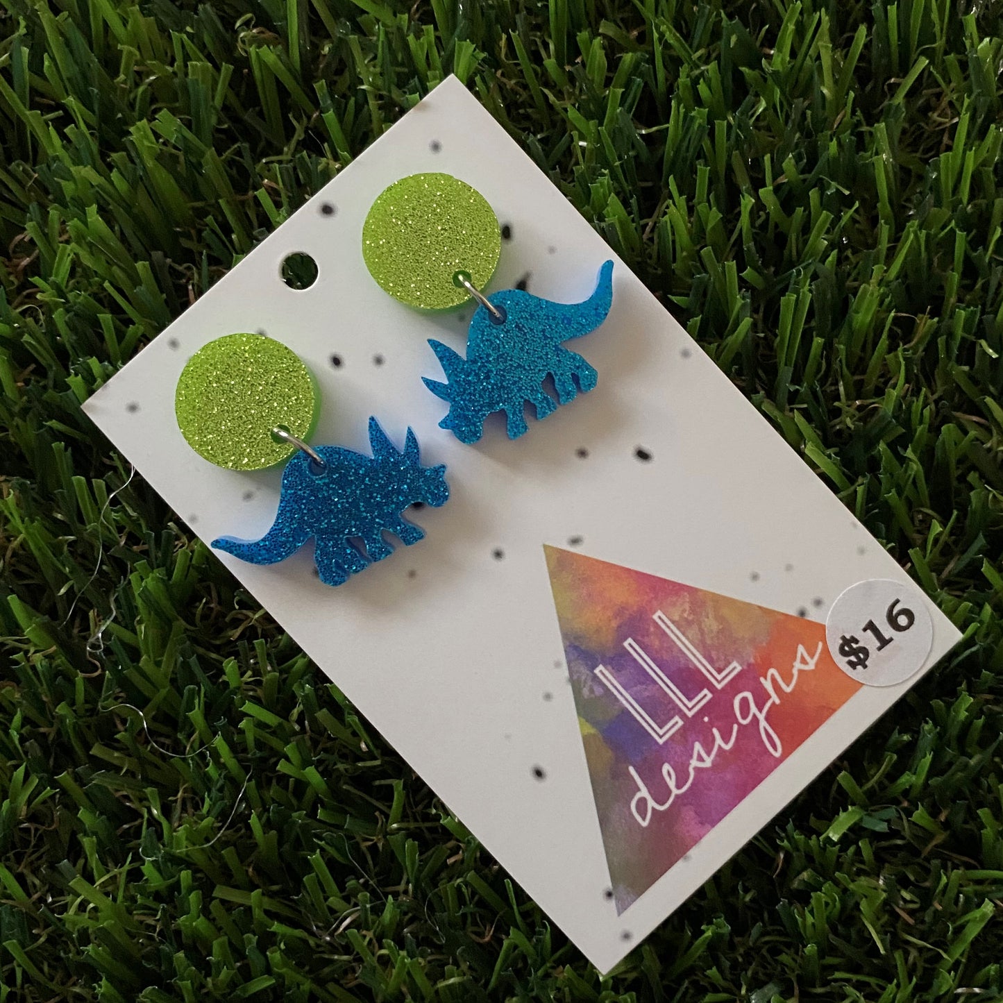Dinosaur Earrings - Mini Glitter Blue Triceratops Dangles with Green Glitter Studs - these are TriceraTOPS!