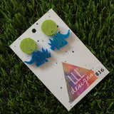 Dinosaur Earrings - Mini Glitter Blue Triceratops Dangles with Green Glitter Studs - these are TriceraTOPS!