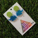 Dinosaur Earrings - Mini Glitter Blue Triceratops Dangles with Green Glitter Studs - these are TriceraTOPS!