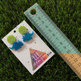 Dinosaur Earrings - Mini Glitter Blue Triceratops Dangles with Green Glitter Studs - these are TriceraTOPS!