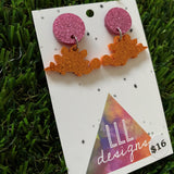 Dinosaur Earrings - Mini Glitter Orange Stegosaurus Dangles with Pink Glitter Studs - these are DINO-mite!