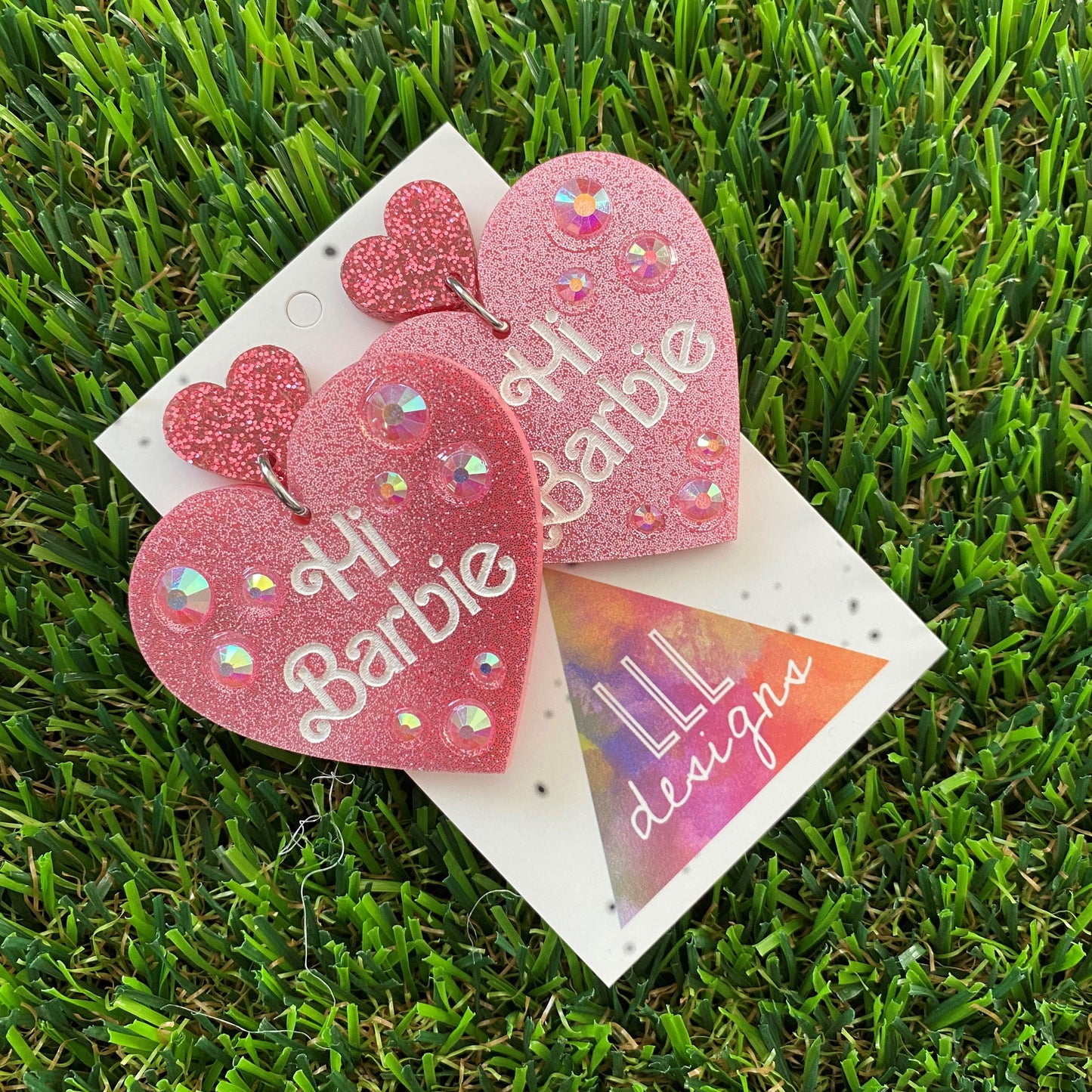 Barbie Earrings - Handmade Barbie Earrings - "Hi Barbie" Heart Earrings with Holographic Rhinestones.