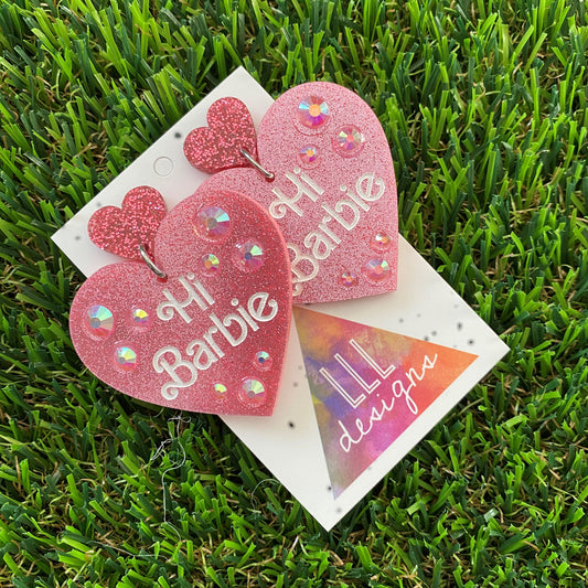 Barbie Earrings - Handmade Barbie Earrings - "Hi Barbie" Heart Earrings with Holographic Rhinestones.