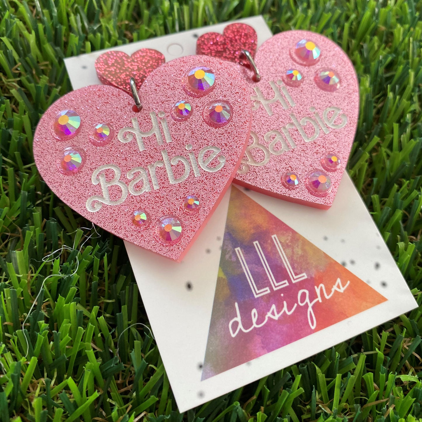 Barbie Earrings - Handmade Barbie Earrings - "Hi Barbie" Heart Earrings with Holographic Rhinestones.