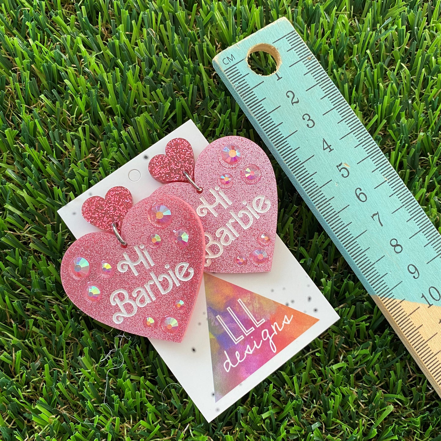 Barbie Earrings - Handmade Barbie Earrings - "Hi Barbie" Heart Earrings with Holographic Rhinestones.
