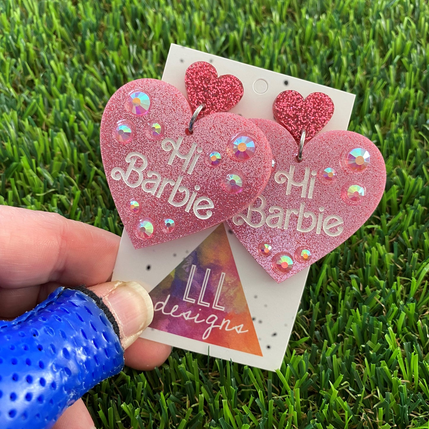 Barbie Earrings - Handmade Barbie Earrings - "Hi Barbie" Heart Earrings with Holographic Rhinestones.