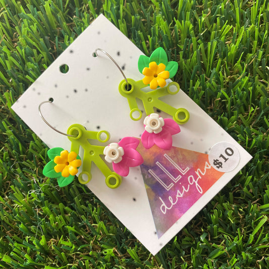 Floral Earrings - #1 Medium Botanical Hoop Dangle Earrings - Light Green Leaves Featuring Pops of Dark Pink + White & Medium Green + Yellow.