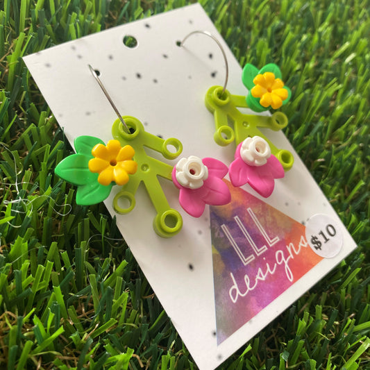 Floral Earrings - #1 Medium Botanical Hoop Dangle Earrings - Light Green Leaves Featuring Pops of Dark Pink + White & Medium Green + Yellow.