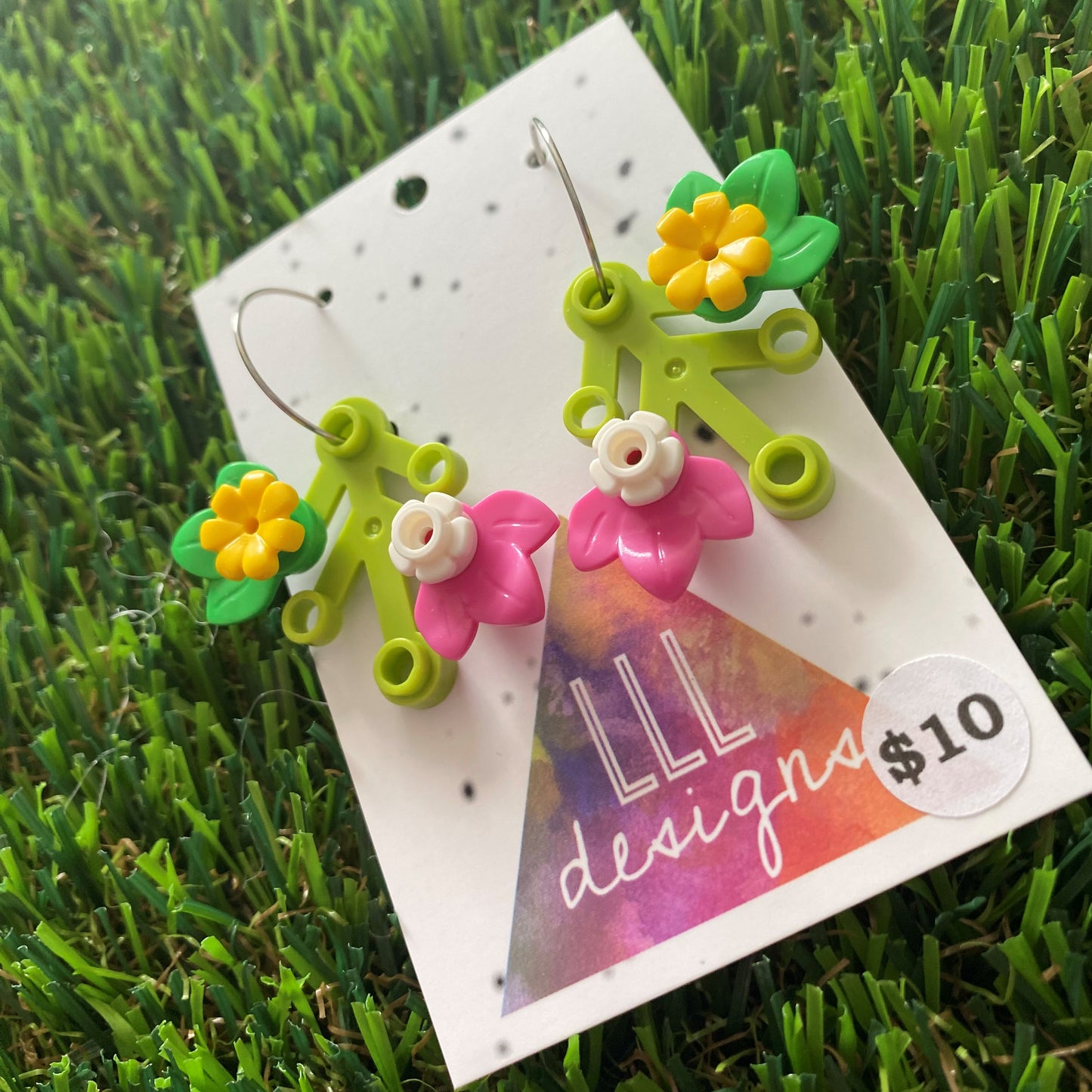 Floral Earrings - #1 Medium Botanical Hoop Dangle Earrings - Light Green Leaves Featuring Pops of Dark Pink + White & Medium Green + Yellow.