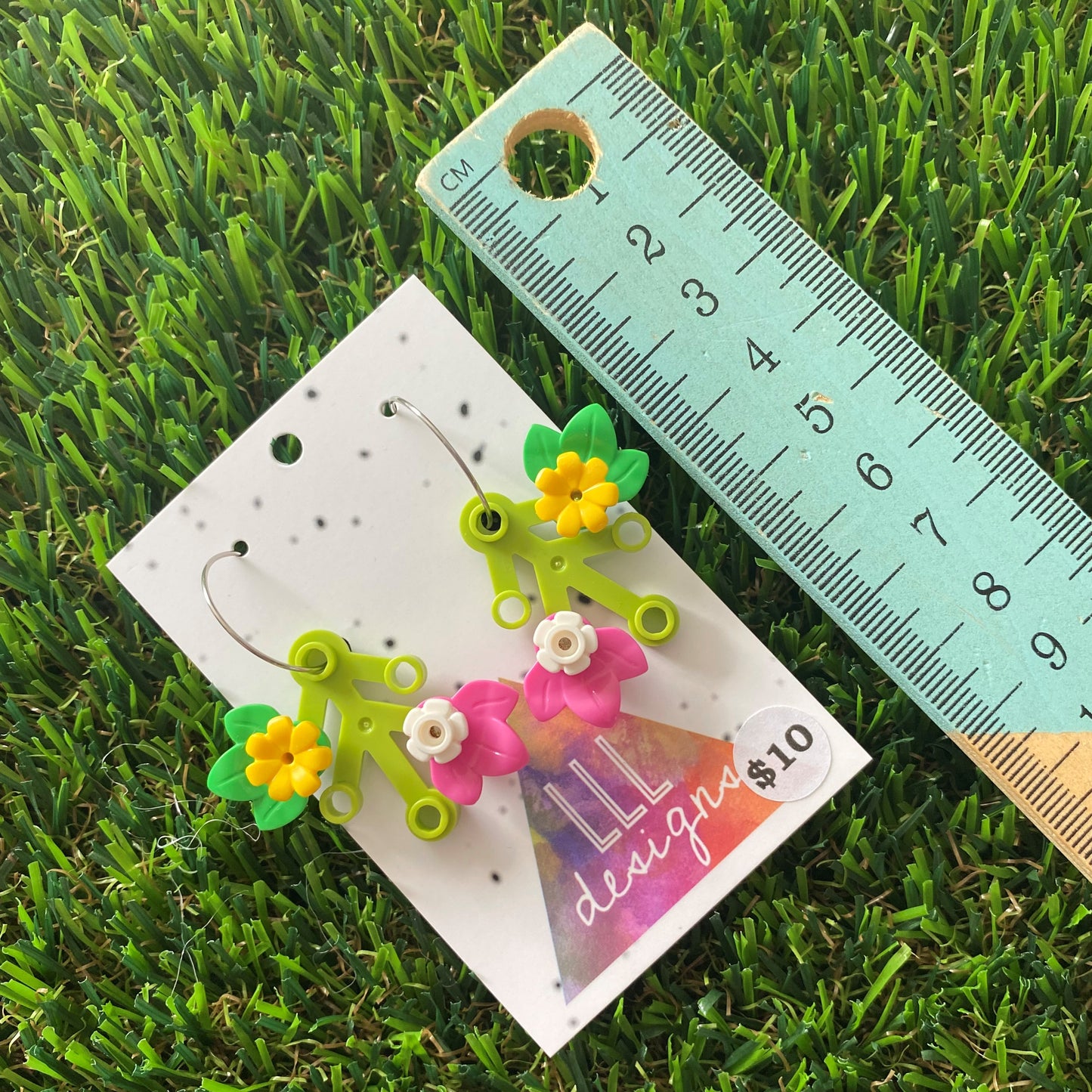 Floral Earrings - #1 Medium Botanical Hoop Dangle Earrings - Light Green Leaves Featuring Pops of Dark Pink + White & Medium Green + Yellow.