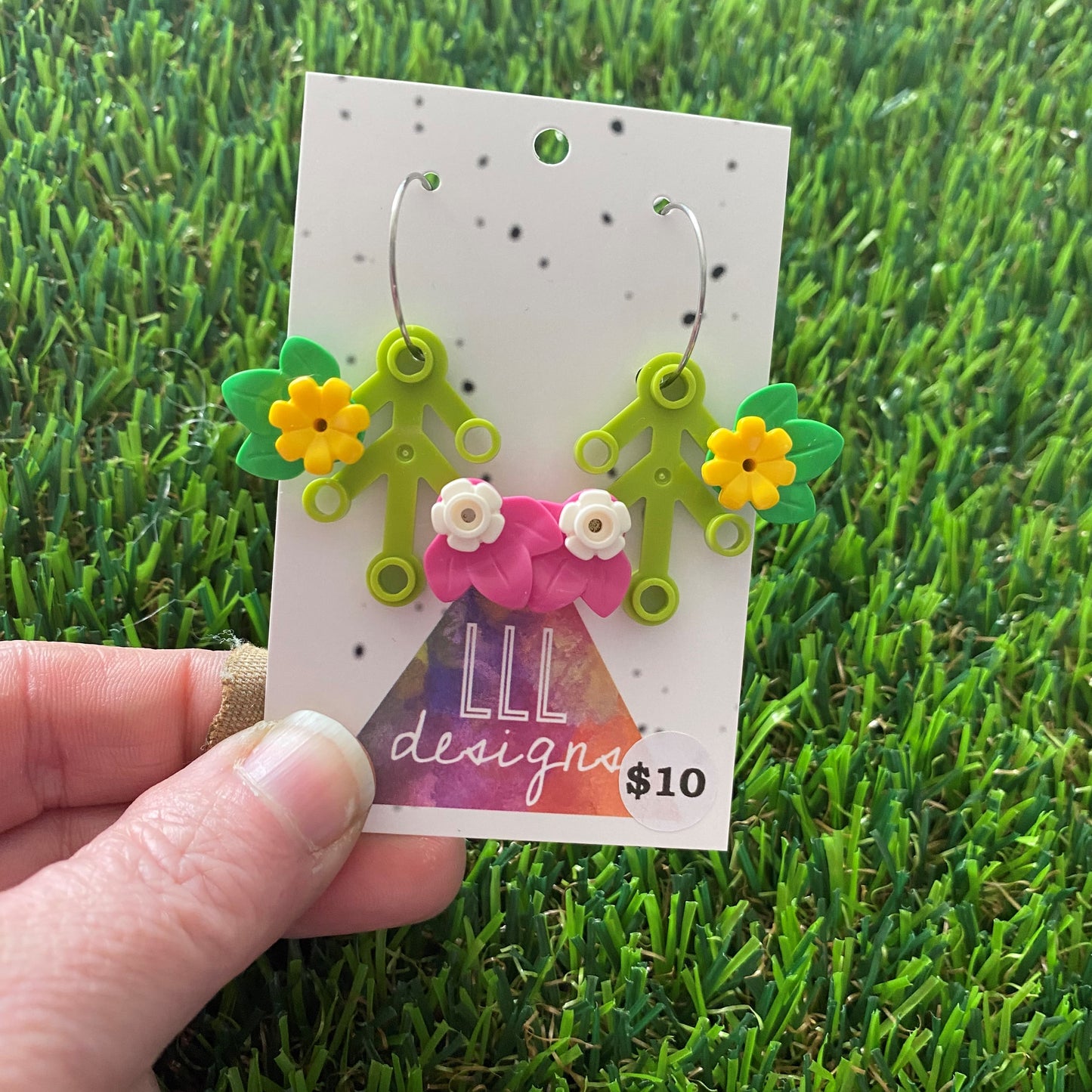 Floral Earrings - #1 Medium Botanical Hoop Dangle Earrings - Light Green Leaves Featuring Pops of Dark Pink + White & Medium Green + Yellow.