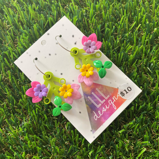 Floral Earrings - #2 Medium Botanical Hoop Dangle Earrings - Light Green Leaves Featuring Pops of Dark Pink + Purple & Light Pink + Yellow plus a Super Cute Green Twig :)