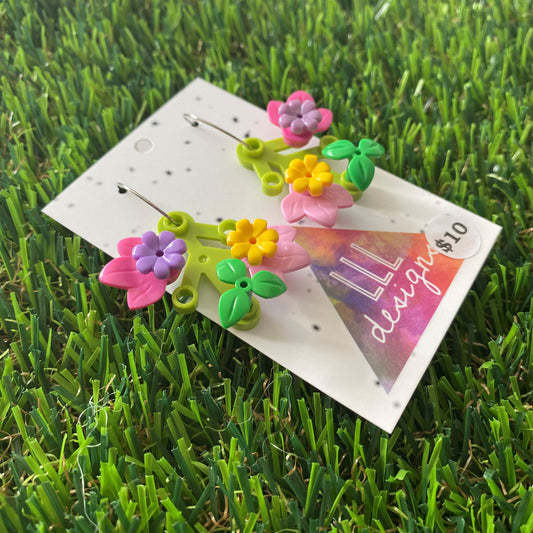 Floral Earrings - #2 Medium Botanical Hoop Dangle Earrings - Light Green Leaves Featuring Pops of Dark Pink + Purple & Light Pink + Yellow plus a Super Cute Green Twig :)