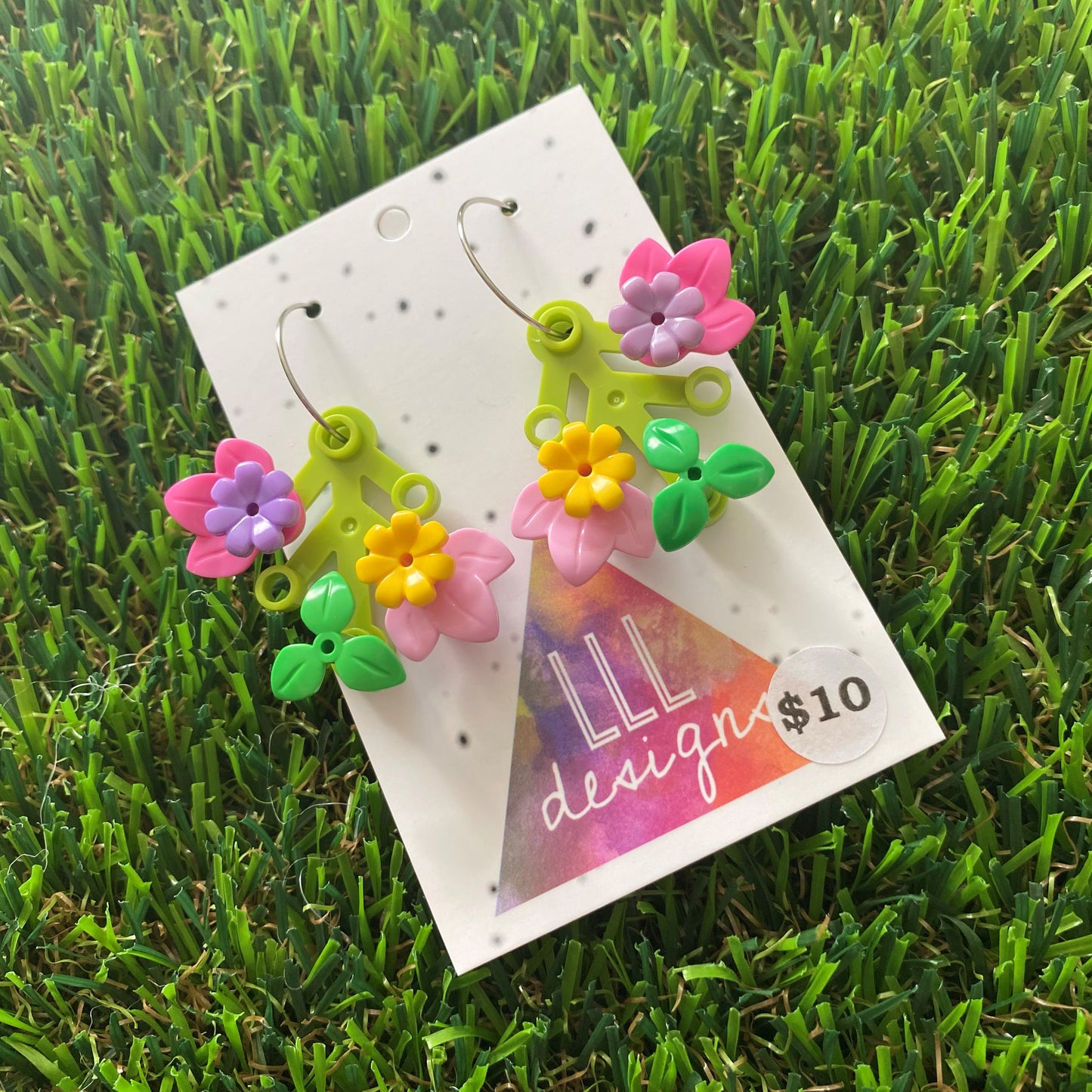 Floral Earrings - #2 Medium Botanical Hoop Dangle Earrings - Light Green Leaves Featuring Pops of Dark Pink + Purple & Light Pink + Yellow plus a Super Cute Green Twig :)