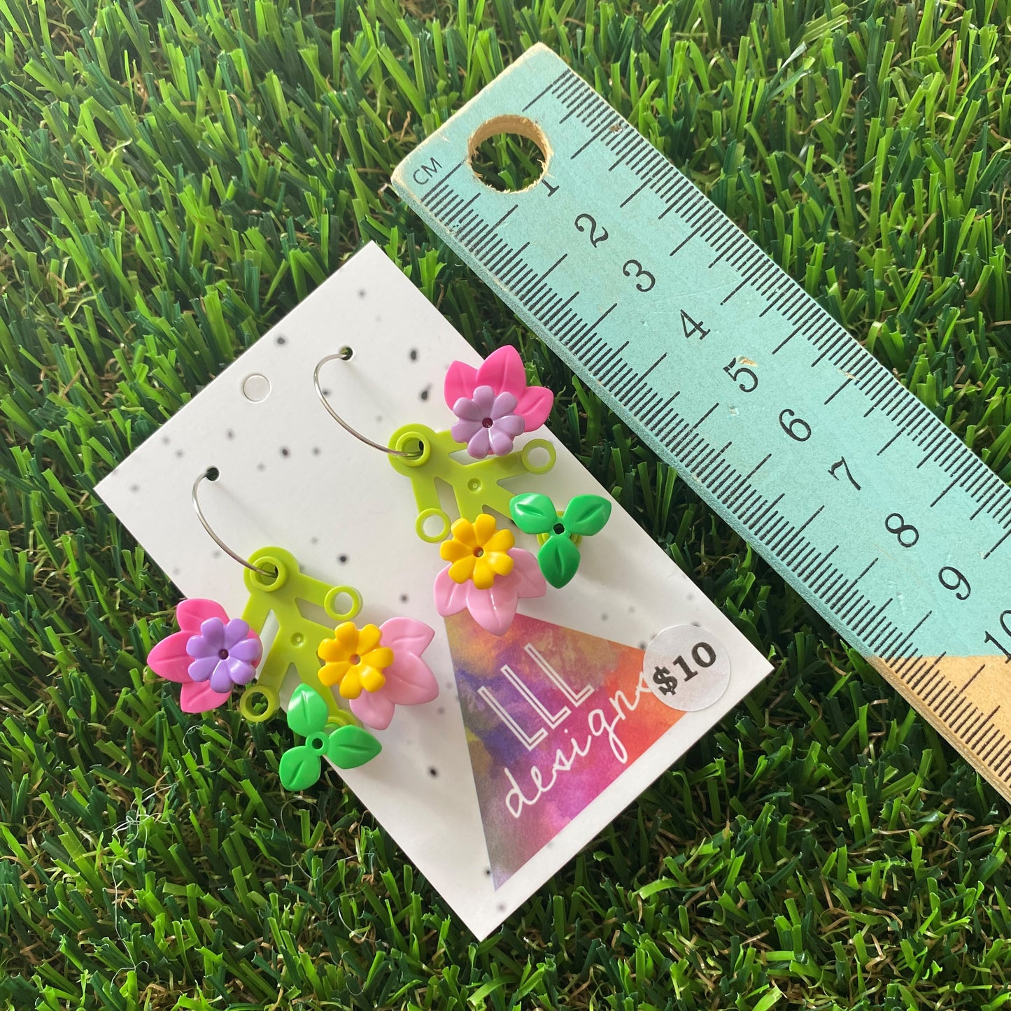 Floral Earrings - #2 Medium Botanical Hoop Dangle Earrings - Light Green Leaves Featuring Pops of Dark Pink + Purple & Light Pink + Yellow plus a Super Cute Green Twig :)