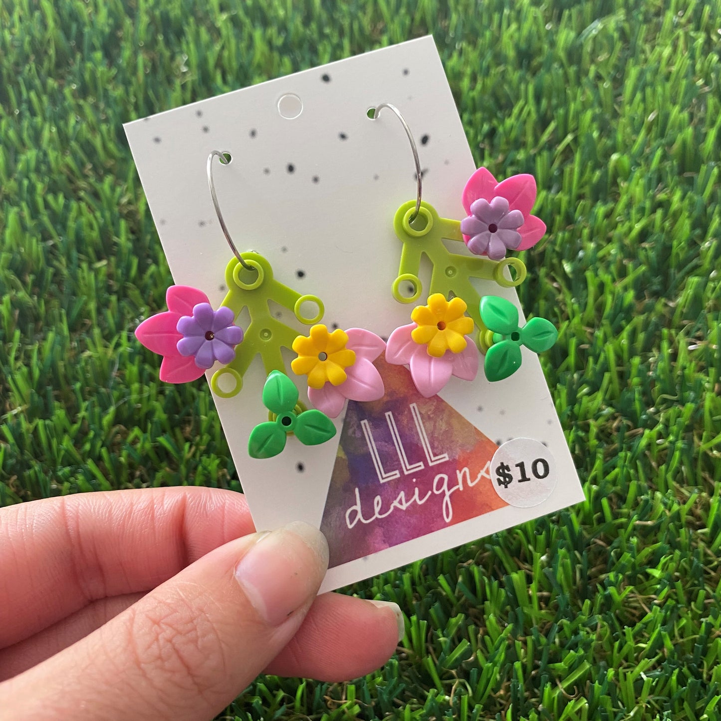Floral Earrings - #2 Medium Botanical Hoop Dangle Earrings - Light Green Leaves Featuring Pops of Dark Pink + Purple & Light Pink + Yellow plus a Super Cute Green Twig :)