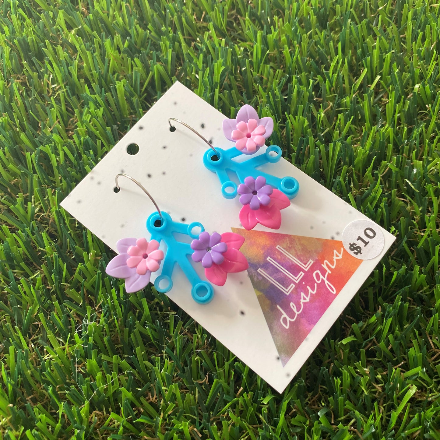 Floral Earrings - #3 Medium Botanical Hoop Dangle Earrings - Light Blue Leaves Featuring Pops of Lavender + Light Pink & Dark Pink + Purple.