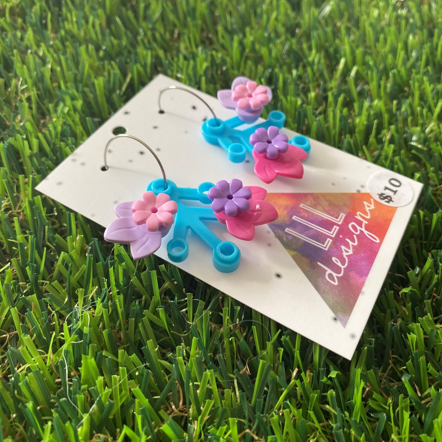 Floral Earrings - #3 Medium Botanical Hoop Dangle Earrings - Light Blue Leaves Featuring Pops of Lavender + Light Pink & Dark Pink + Purple.