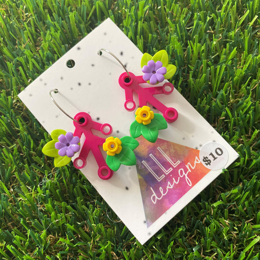Floral Earrings - #4 Medium Botanical Hoop Dangle Earrings - Dark Pink Leaves Featuring Pops of Light Green + Purple & Medium Green + Yellow.