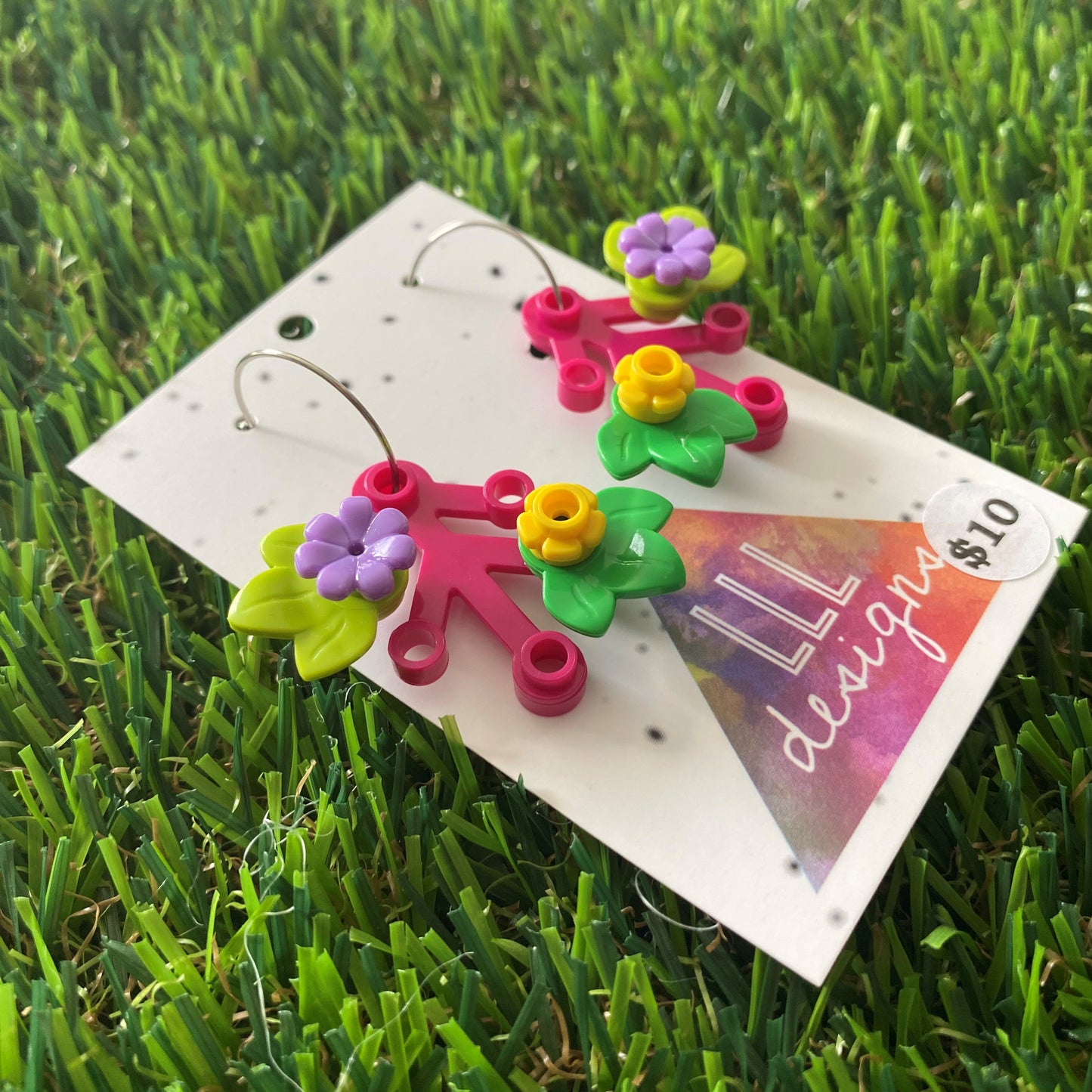 Floral Earrings - #4 Medium Botanical Hoop Dangle Earrings - Dark Pink Leaves Featuring Pops of Light Green + Purple & Medium Green + Yellow.