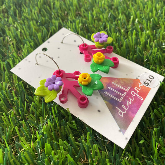 Floral Earrings - #4 Medium Botanical Hoop Dangle Earrings - Dark Pink Leaves Featuring Pops of Light Green + Purple & Medium Green + Yellow.