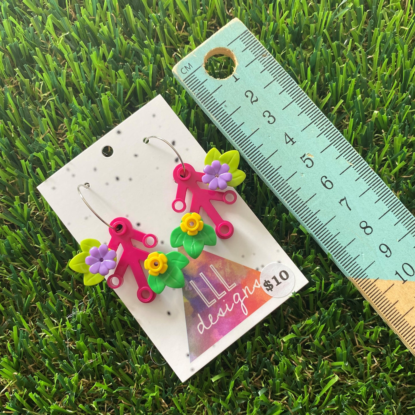 Floral Earrings - #4 Medium Botanical Hoop Dangle Earrings - Dark Pink Leaves Featuring Pops of Light Green + Purple & Medium Green + Yellow.