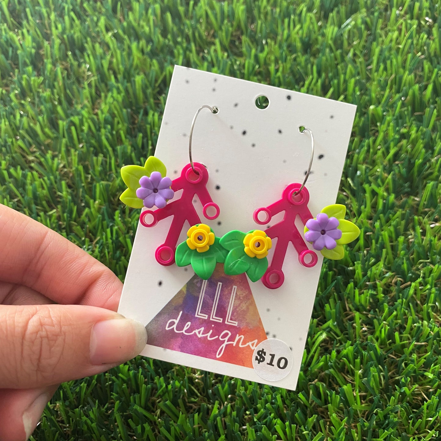Floral Earrings - #4 Medium Botanical Hoop Dangle Earrings - Dark Pink Leaves Featuring Pops of Light Green + Purple & Medium Green + Yellow.