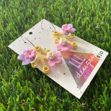 Floral Earrings - #5 Medium Botanical Hoop Dangle Earrings - Cream Leaves Featuring Pops of Lavender + Light Pink & Light Pink + White.